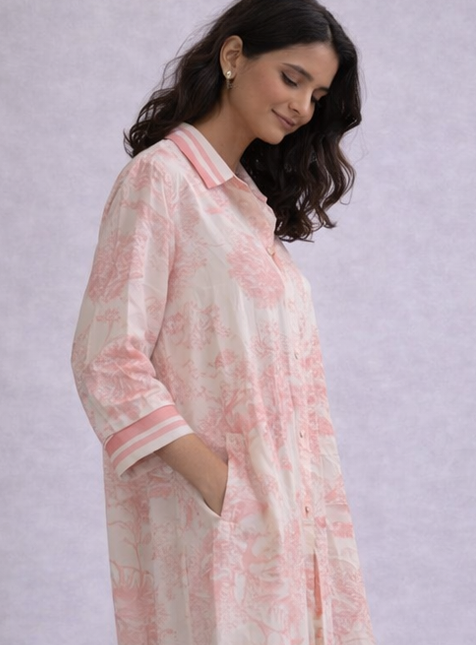 BH26 - Women’s Printed Shirt Dress – Pink & White Floral Midi Dress with Button Front (Elegant Casual Wear)