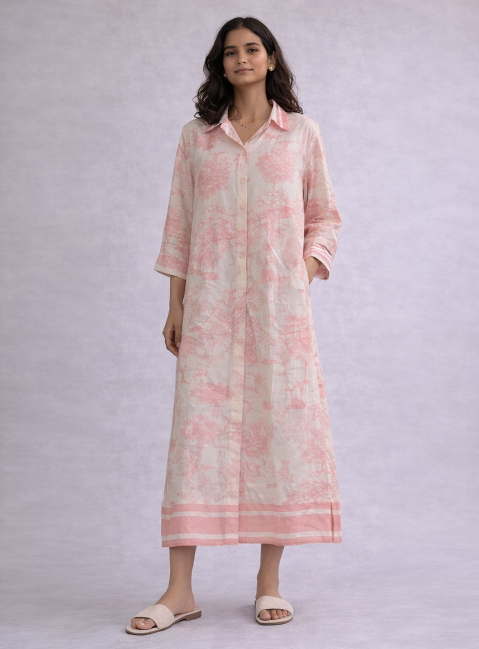 BH26 - Women’s Printed Shirt Dress – Pink & White Floral Midi Dress with Button Front (Elegant Casual Wear)