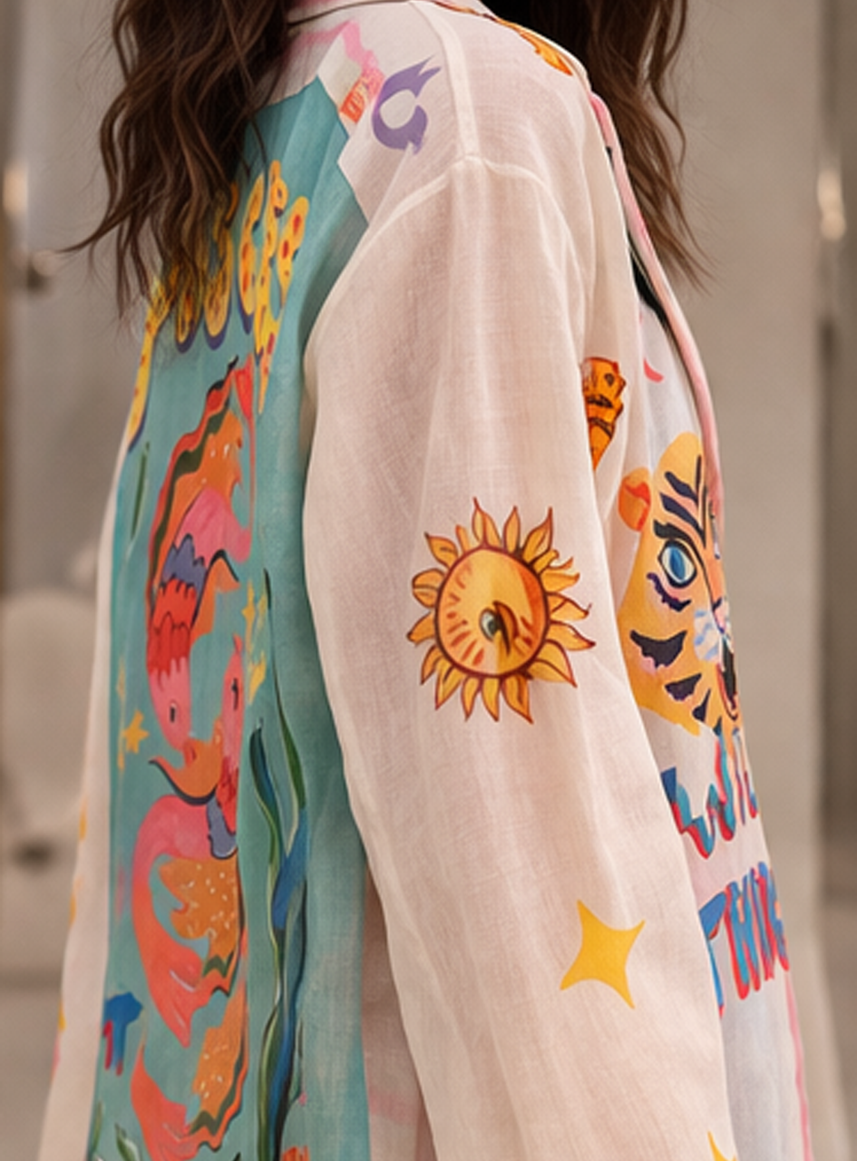 BH27 - Women’s Printed Casual Blazer – Abstract Graphic Lightweight Jacket (Statement Summer Layer)