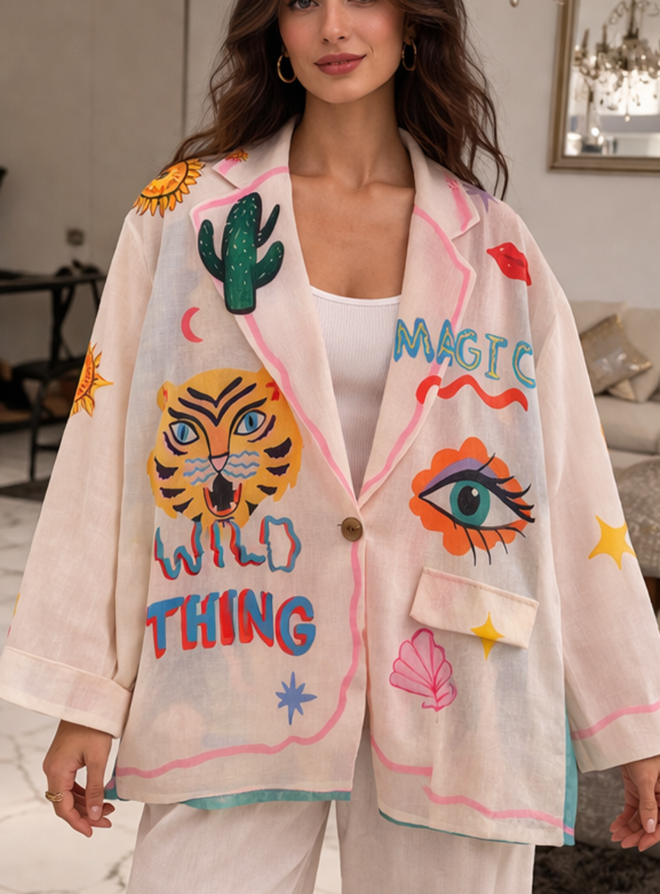 BH27 - Women’s Printed Casual Blazer – Abstract Graphic Lightweight Jacket (Statement Summer Layer)