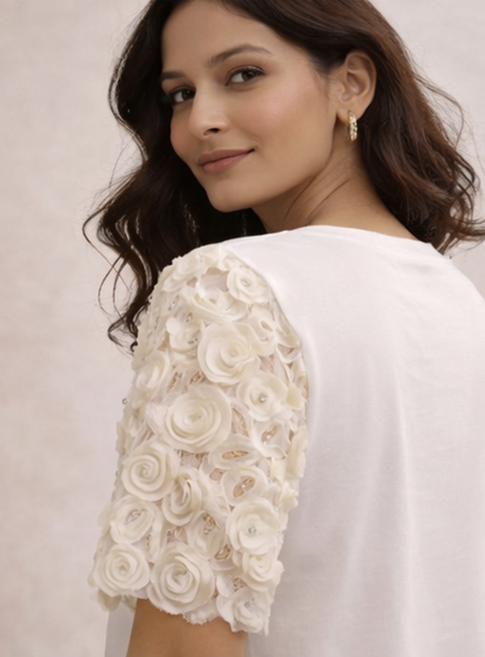 BH28 - Women’s White Lace Sleeve T-Shirt – Casual Cotton Top with Floral Crochet Sleeves
