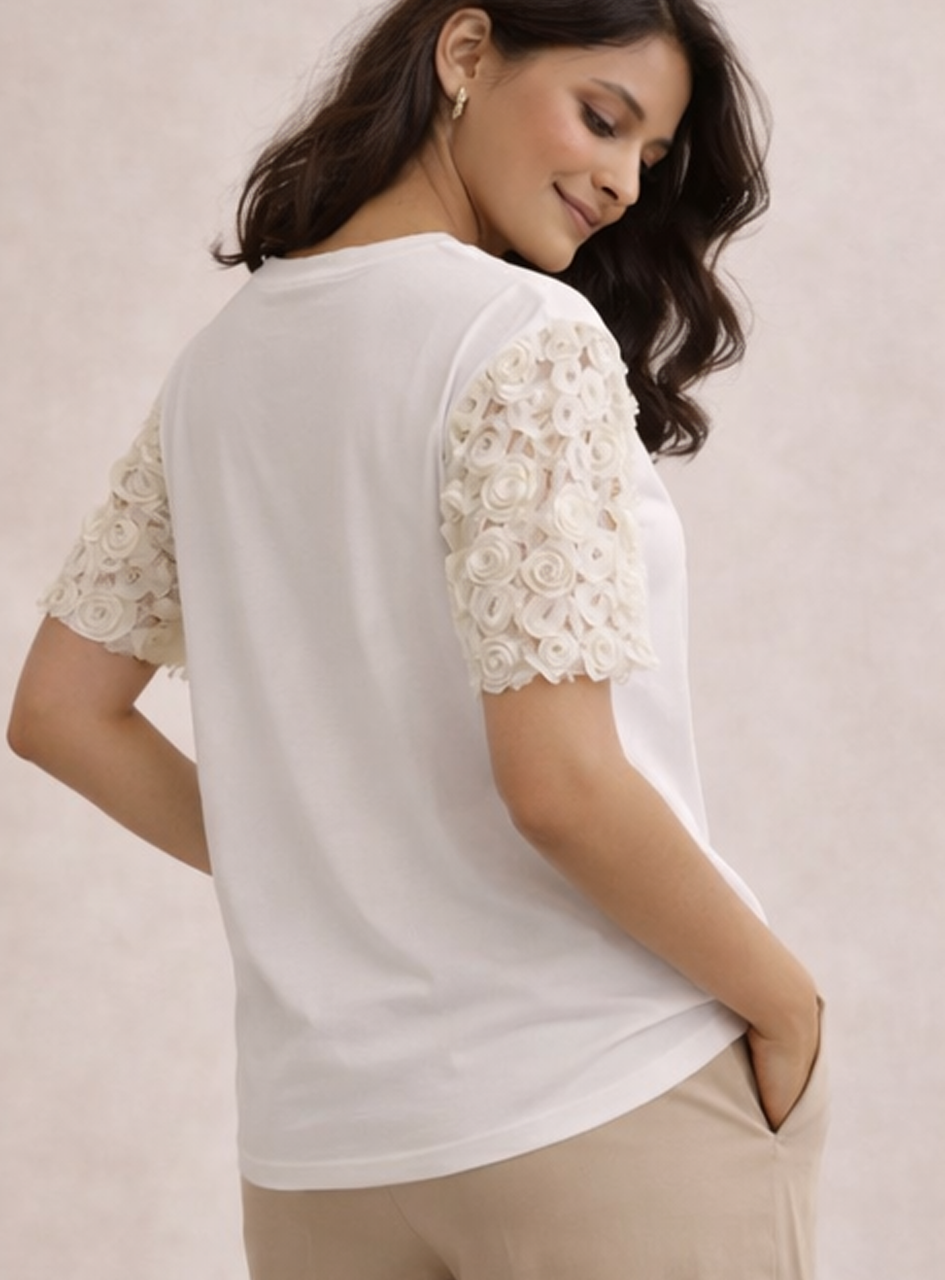 BH28 - Women’s White Lace Sleeve T-Shirt – Casual Cotton Top with Floral Crochet Sleeves