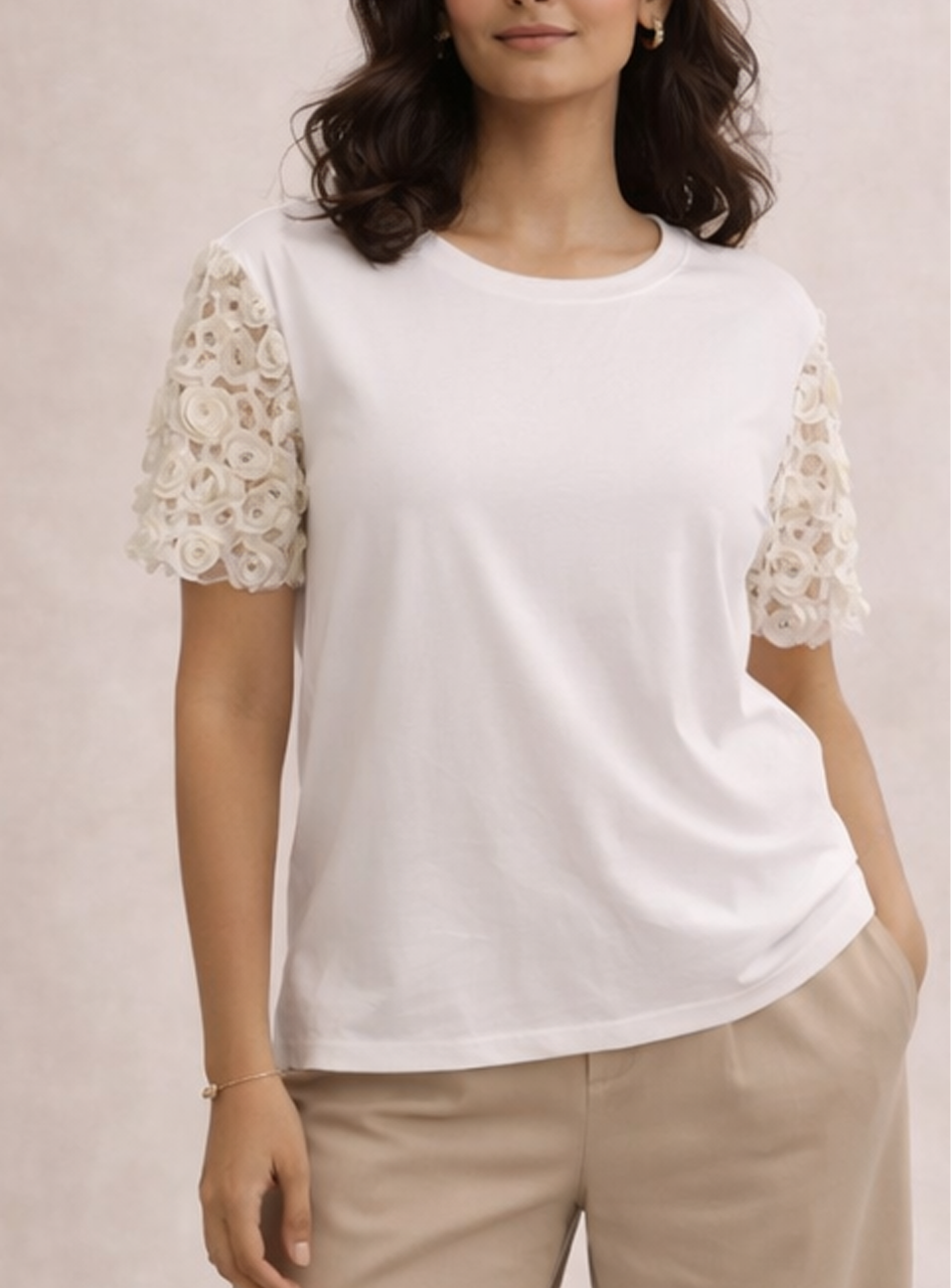 BH28 - Women’s White Lace Sleeve T-Shirt – Casual Cotton Top with Floral Crochet Sleeves