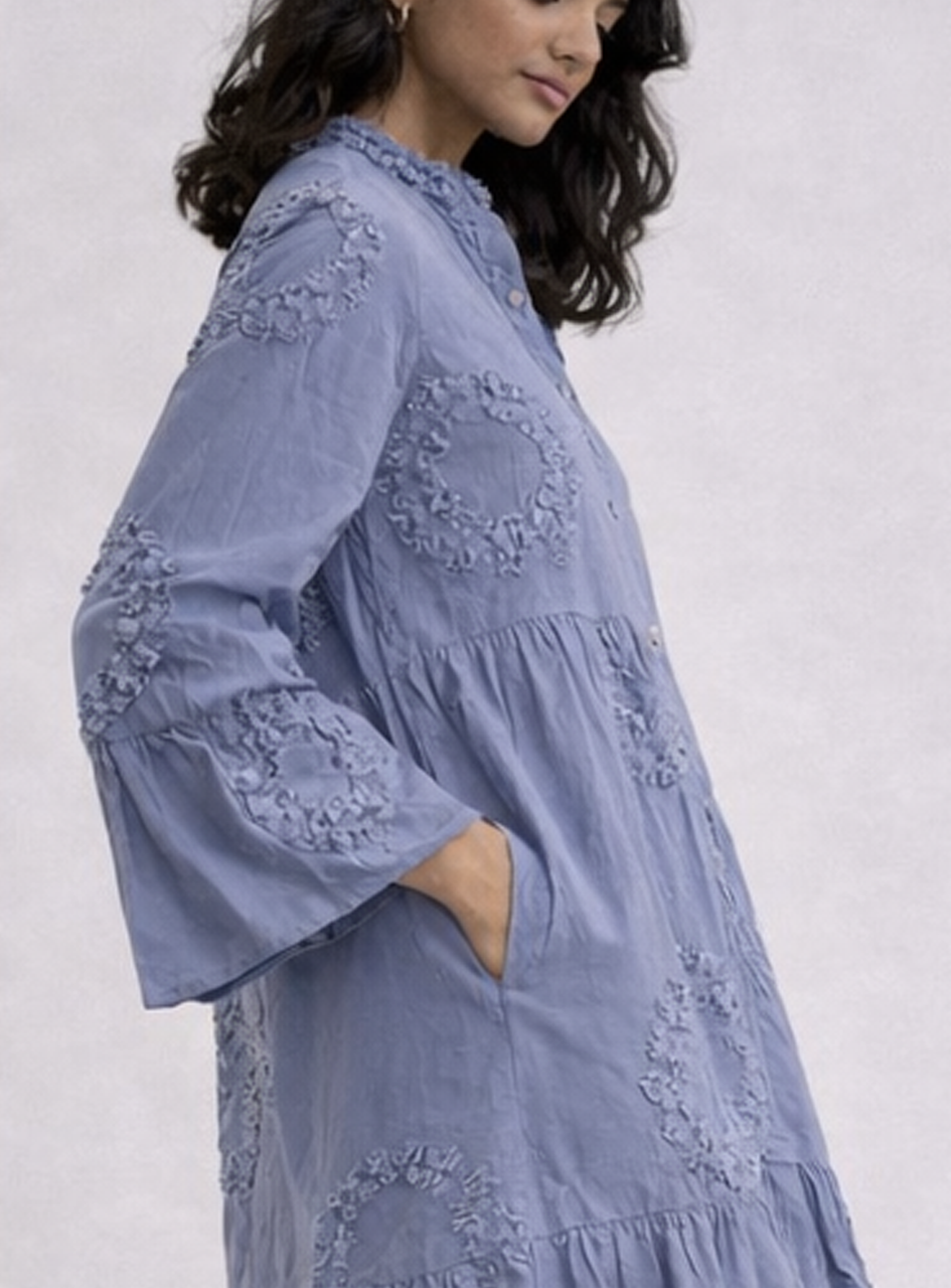 BH29 -Women’s Embroidered Maxi Dress – Blue Tiered Casual Dress with Flared Sleeves (Boho Elegant Wear)