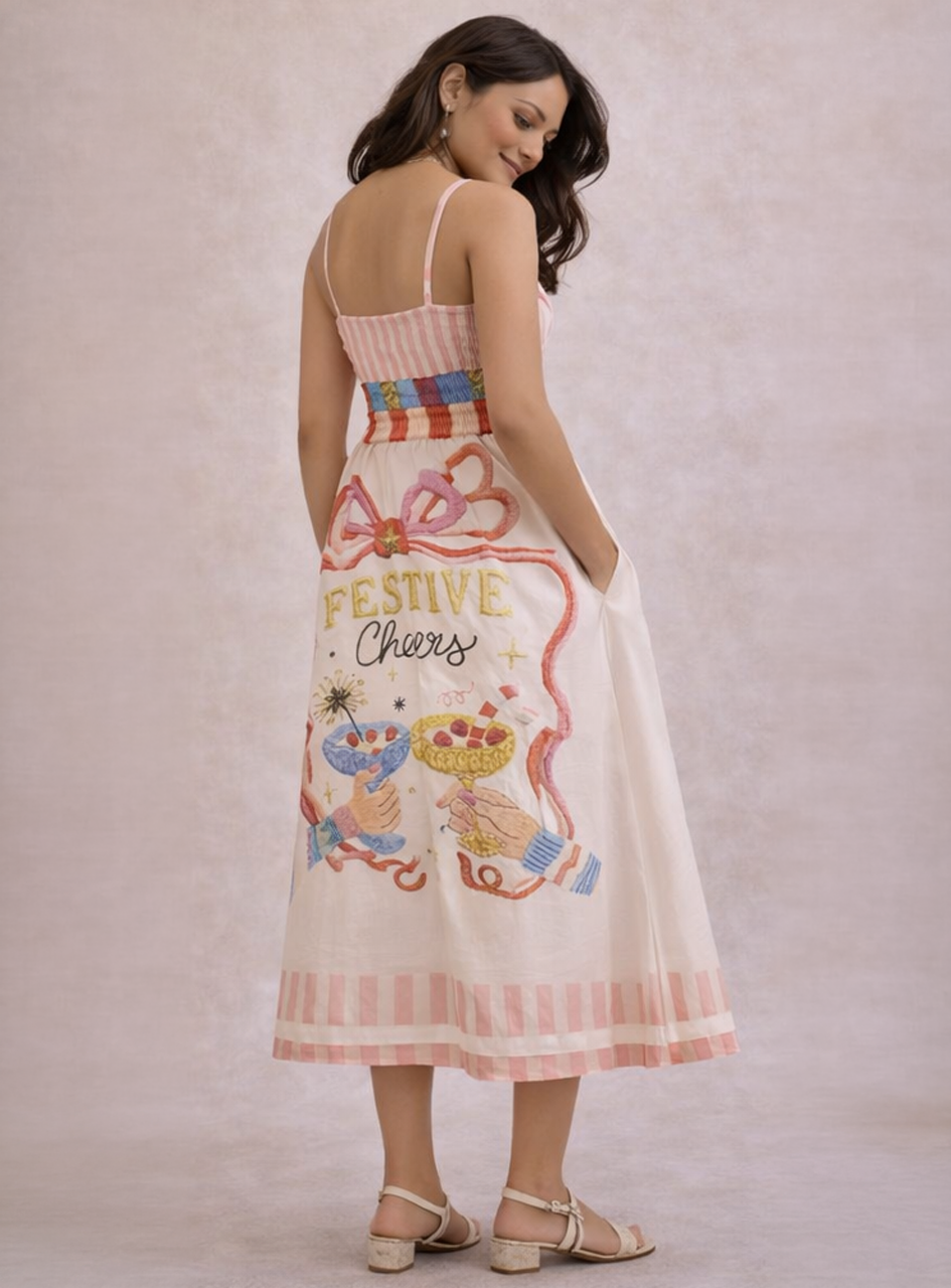 BH03 - Women’s Pisces Printed Midi Dress – Striped Bodice Summer Dress with Artistic Fish Motif