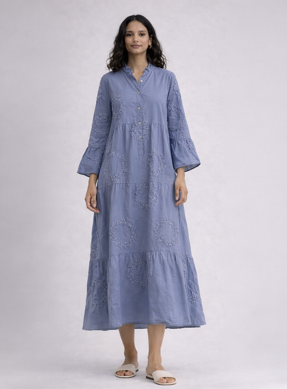 BH29 -Women’s Embroidered Maxi Dress – Blue Tiered Casual Dress with Flared Sleeves (Boho Elegant Wear)