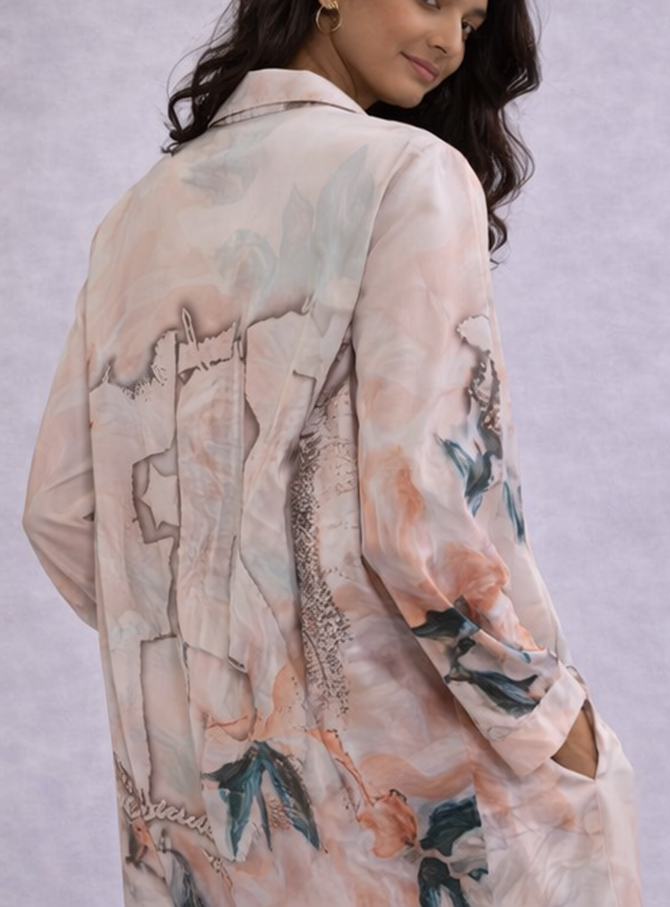 BH30 - Women’s Printed Shirt Dress – Soft Pastel Abstract Midi Dress with Button Front (Elegant Casual Wear)