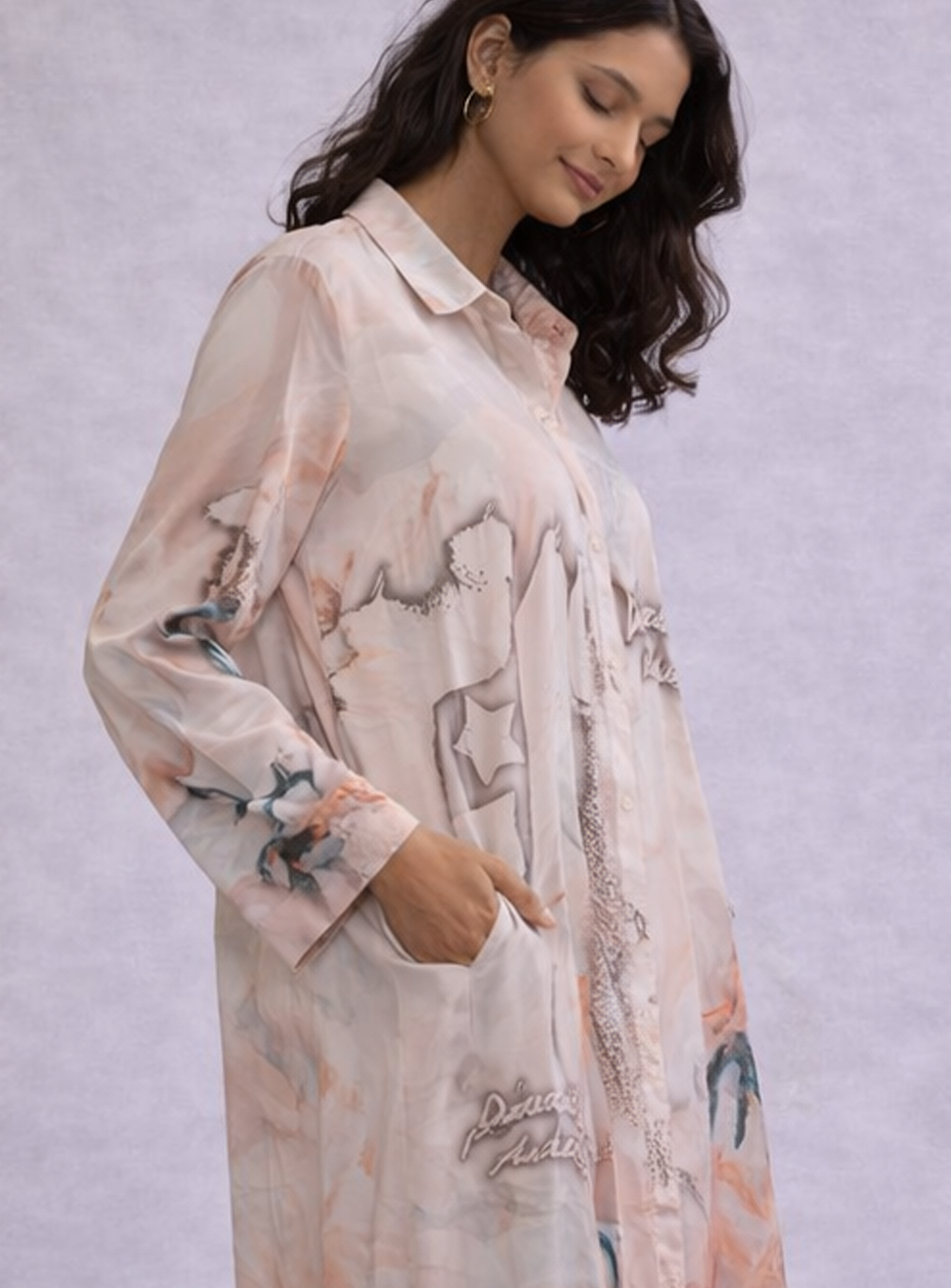 BH30 - Women’s Printed Shirt Dress – Soft Pastel Abstract Midi Dress with Button Front (Elegant Casual Wear)