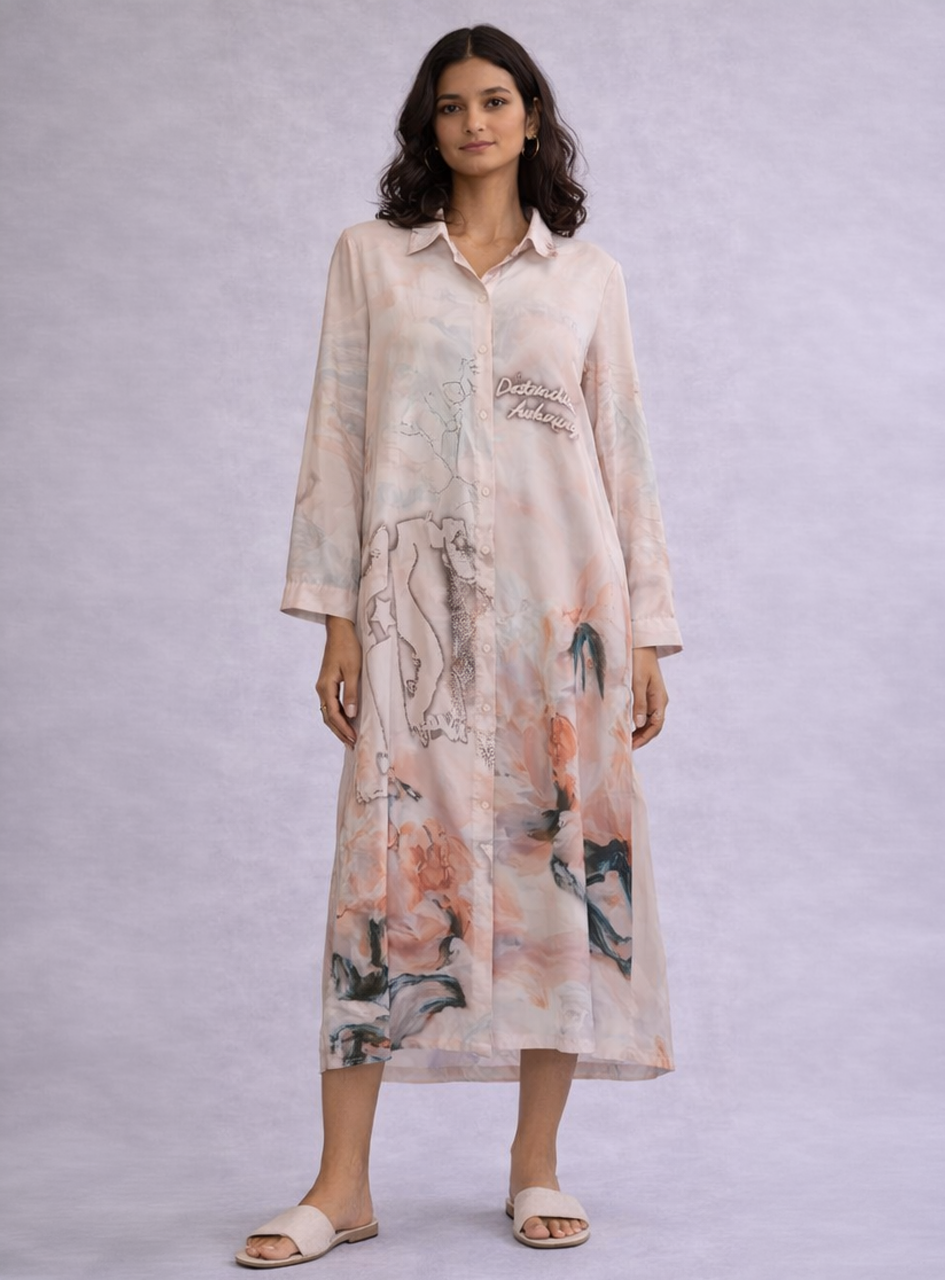 BH30 - Women’s Printed Shirt Dress – Soft Pastel Abstract Midi Dress with Button Front (Elegant Casual Wear)