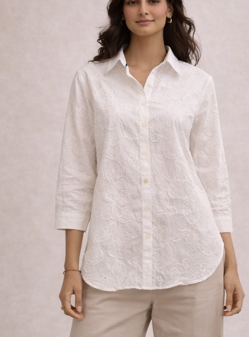 BH31 - Women’s White Embroidered Cotton Shirt – Elegant Button-Down Casual Top