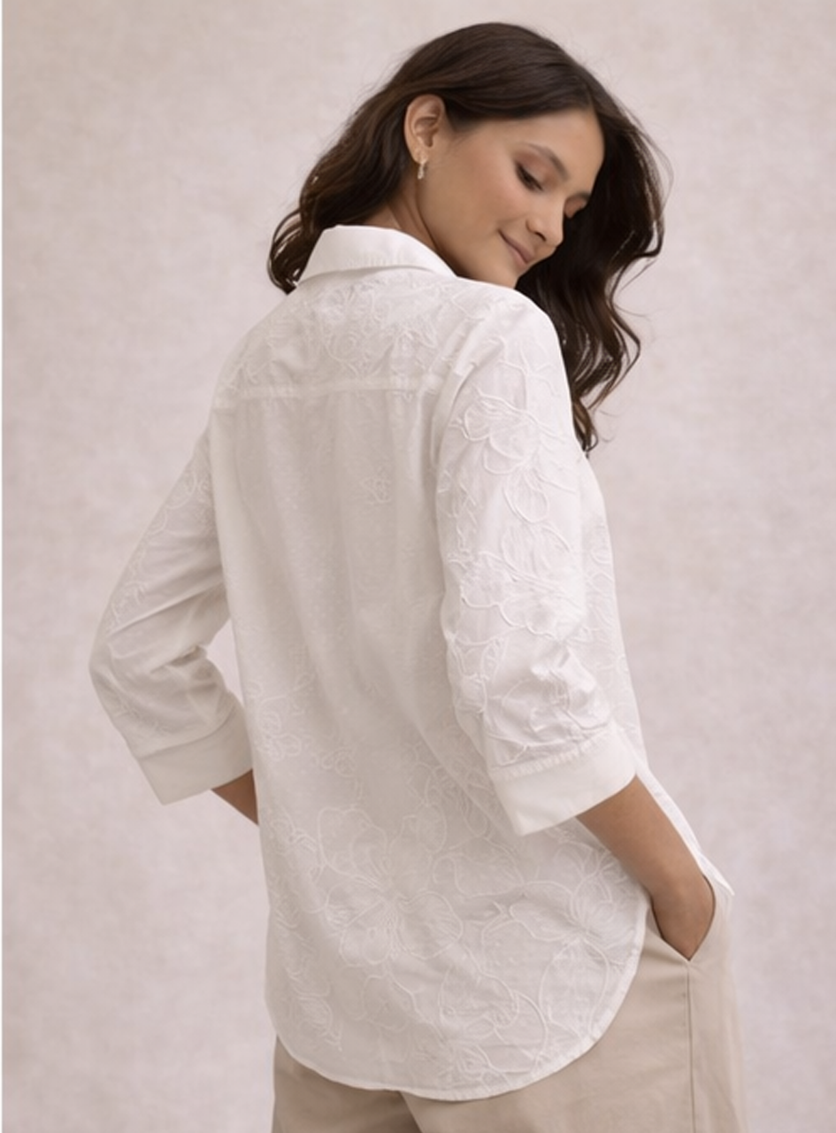BH31 - Women’s White Embroidered Cotton Shirt – Elegant Button-Down Casual Top