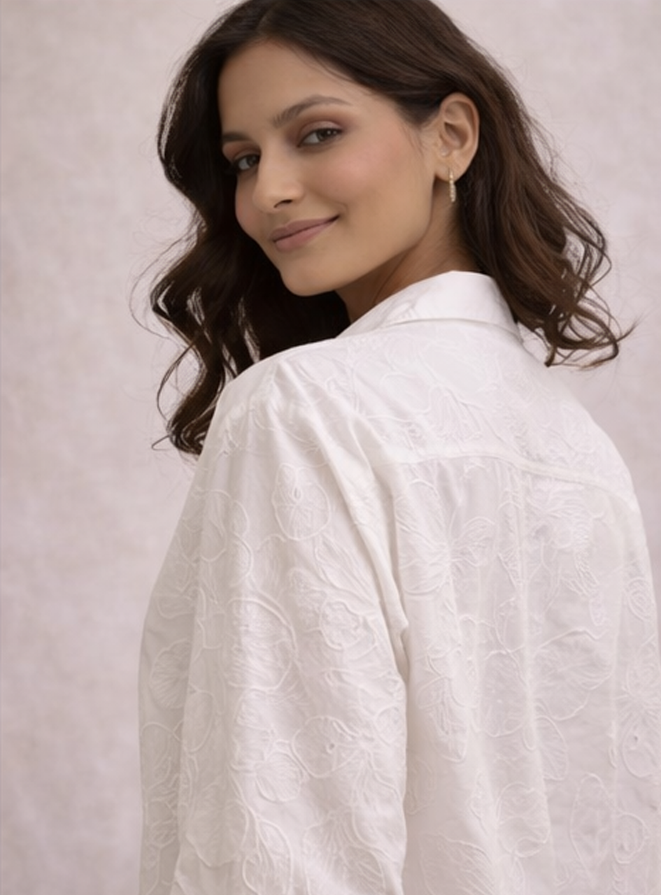 BH31 - Women’s White Embroidered Cotton Shirt – Elegant Button-Down Casual Top
