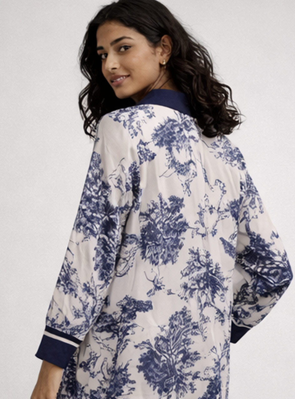 BH32 - Women’s Printed Shirt Dress – Blue & White Floral Midi Dress with Button Front (Elegant Casual Wear)