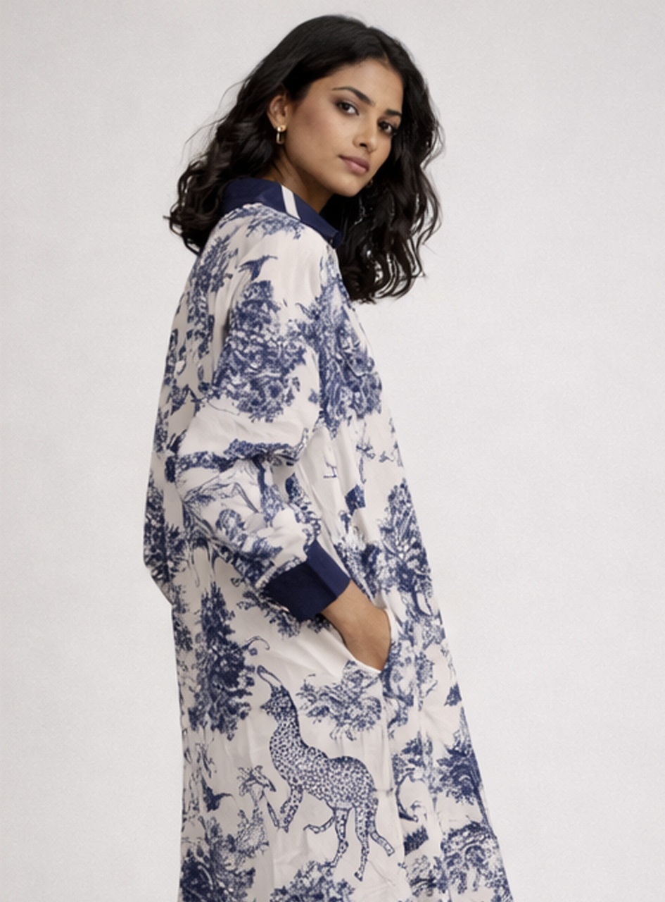 BH32 - Women’s Printed Shirt Dress – Blue & White Floral Midi Dress with Button Front (Elegant Casual Wear)