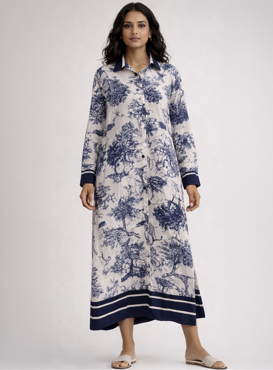 BH32 - Women’s Printed Shirt Dress – Blue & White Floral Midi Dress with Button Front (Elegant Casual Wear)