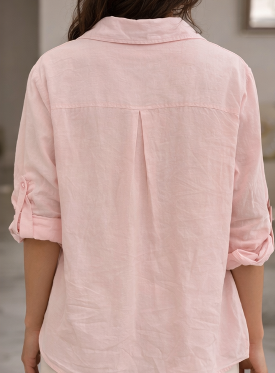 BH33- Women’s Embroidered Cotton Shirt – Light Pink Casual Button-Down Top with Roll-Up Sleeves