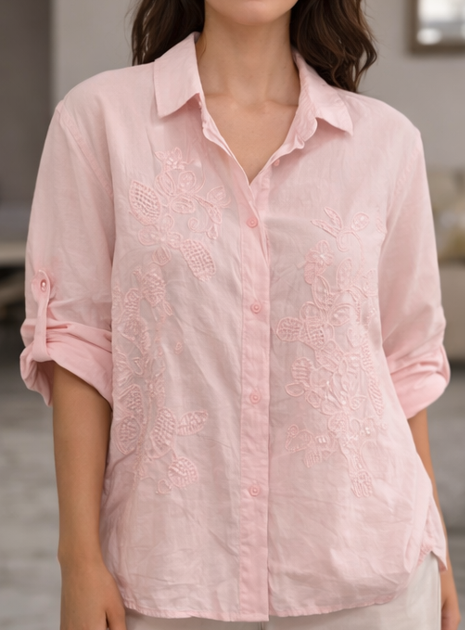 BH33- Women’s Embroidered Cotton Shirt – Light Pink Casual Button-Down Top with Roll-Up Sleeves