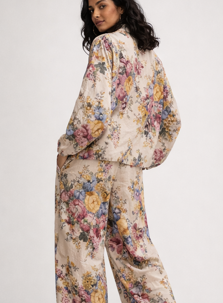 BH34 - Women’s Floral Silk Set – Silk Blazer & Wide Leg Pants (Elegant Casual Lounge Set)