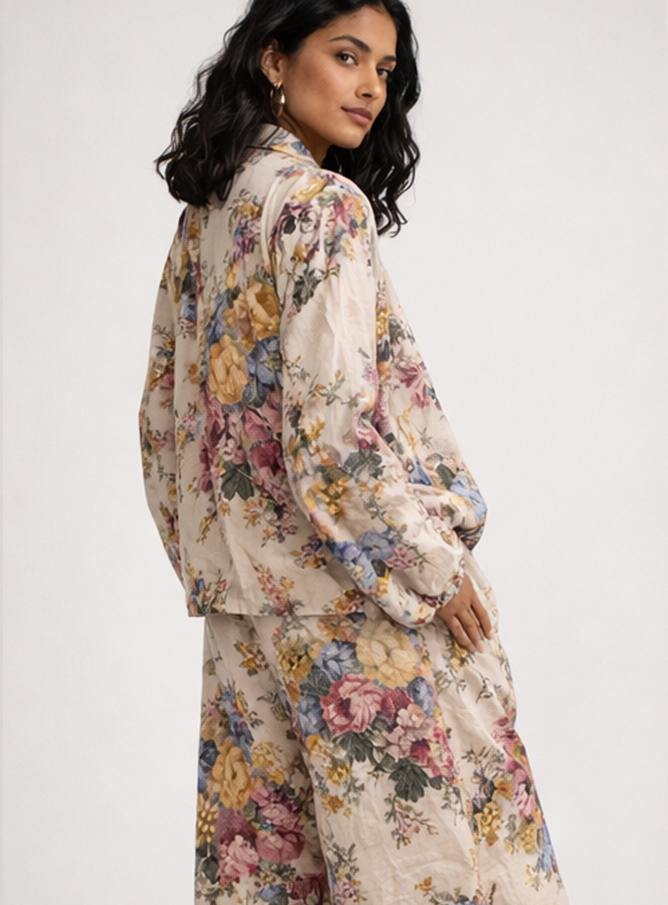 BH34 - Women’s Floral Silk Set – Silk Blazer & Wide Leg Pants (Elegant Casual Lounge Set)