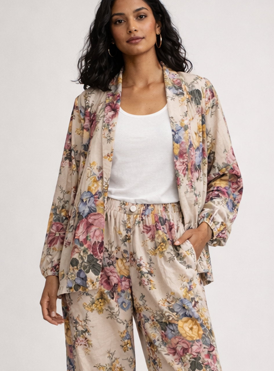 BH34 - Women’s Floral Silk Set – Silk Blazer & Wide Leg Pants (Elegant Casual Lounge Set)