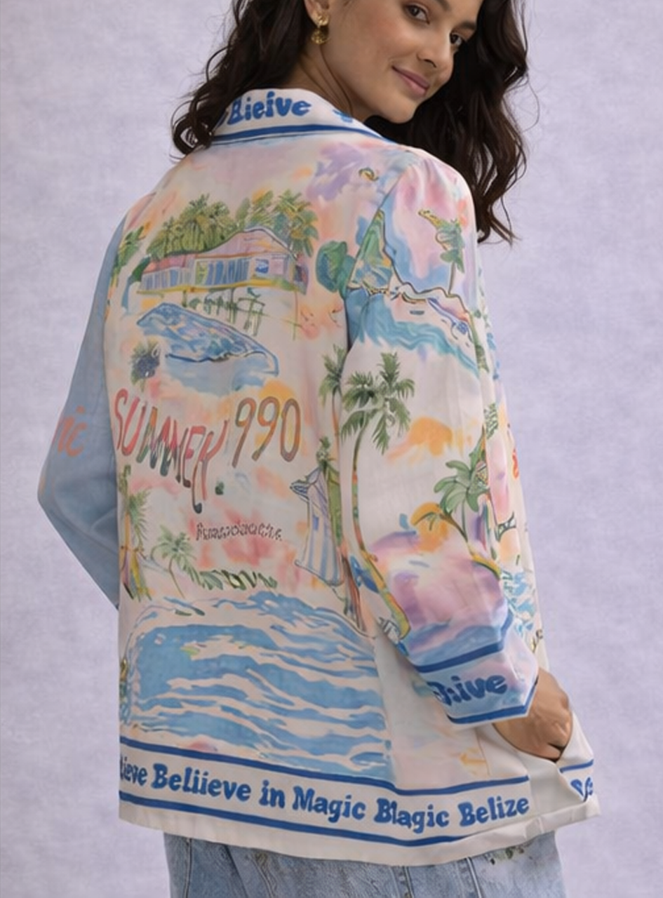 BH35 - Women’s Printed Casual Blazer Jacket – Graphic Resort Style Lightweight Summer Layer