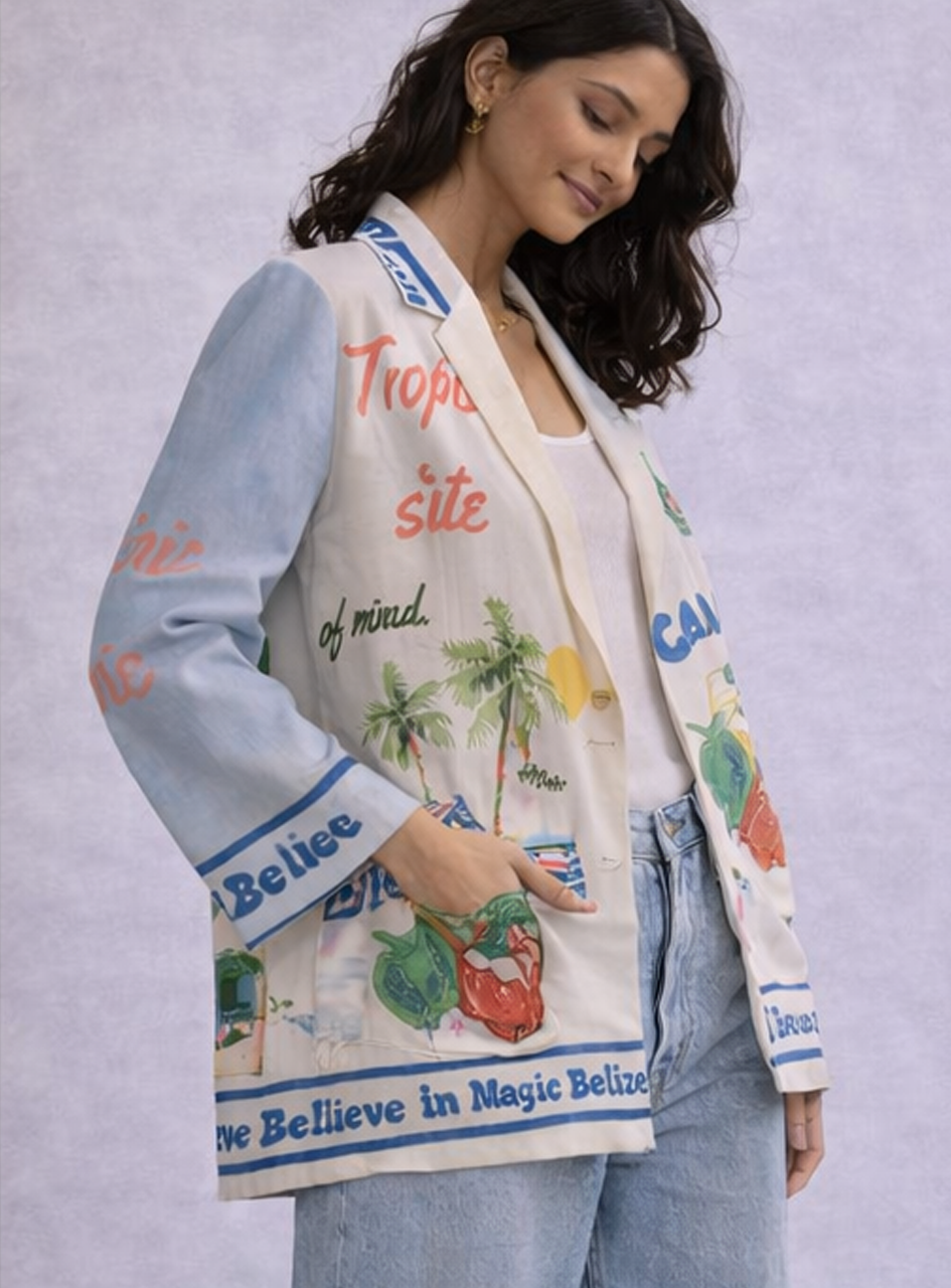 BH35 - Women’s Printed Casual Blazer Jacket – Graphic Resort Style Lightweight Summer Layer