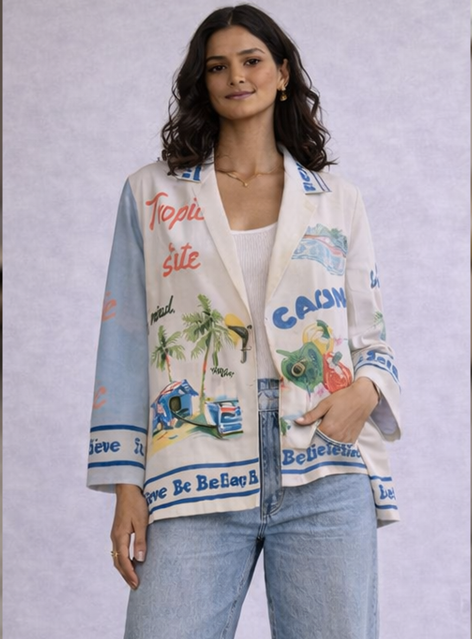 BH35 - Women’s Printed Casual Blazer Jacket – Graphic Resort Style Lightweight Summer Layer