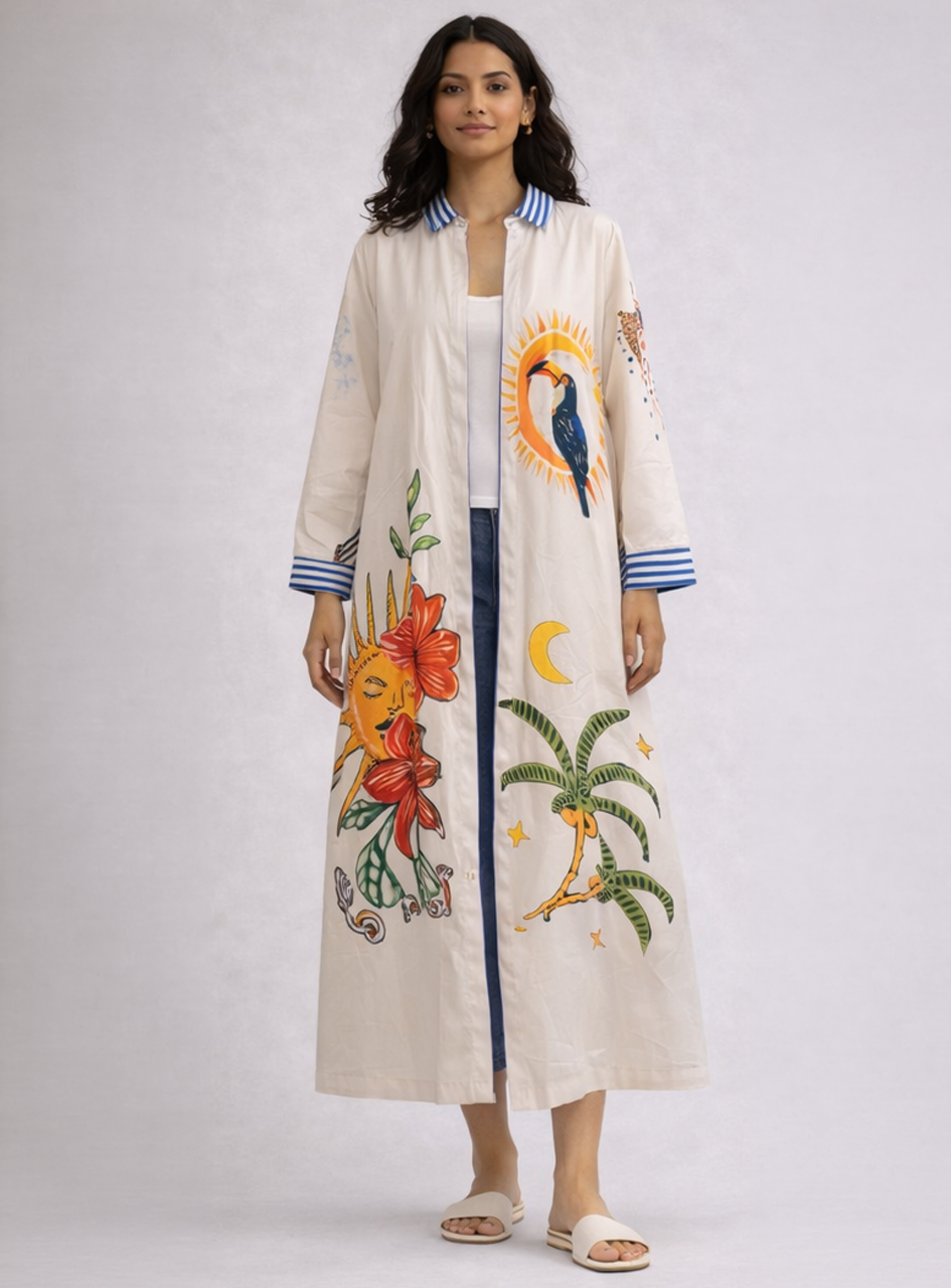 BH04 - Women’s Printed Longline Shirt Dress – Artistic Tropical Midi Dress (Statement Button-Down Dress)