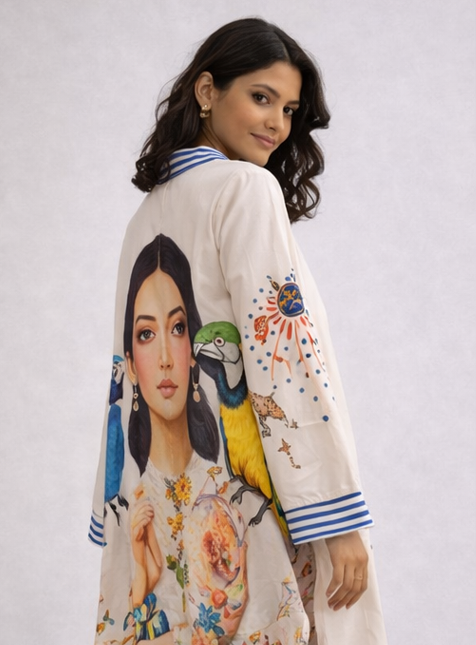 BH04 - Women’s Printed Longline Shirt Dress – Artistic Tropical Midi Dress (Statement Button-Down Dress)