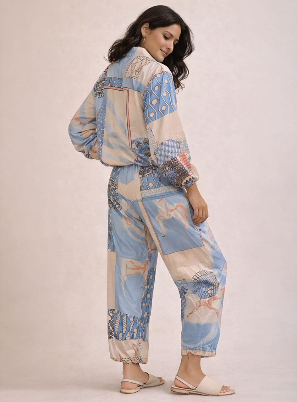 BH05 - Women’s Blue Printed Silk Set – Zip-Up Jacket & Relaxed Fit Pants (Casual Travel Loungewear Set)