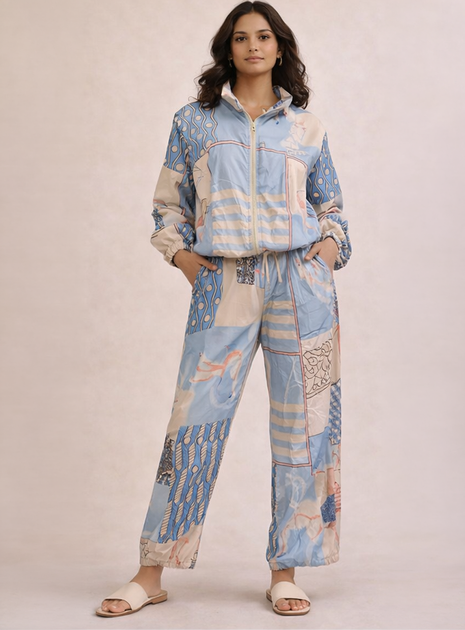 BH05 - Women’s Blue Printed Silk Set – Zip-Up Jacket & Relaxed Fit Pants (Casual Travel Loungewear Set)