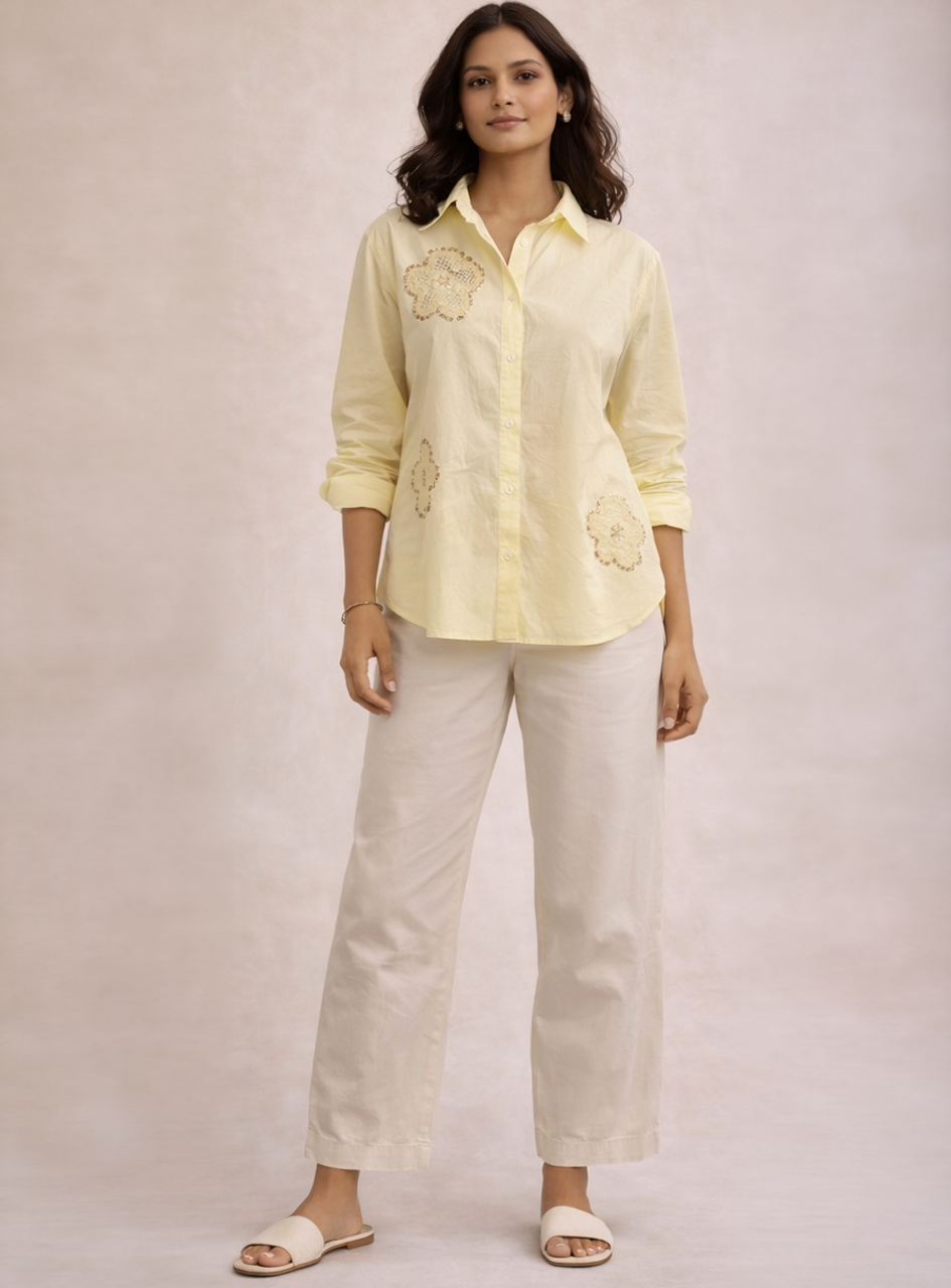 BH06 - Women’s Yellow Embroidered Shirt – Cotton Button-Down Blouse (Casual Chic Summer Top)