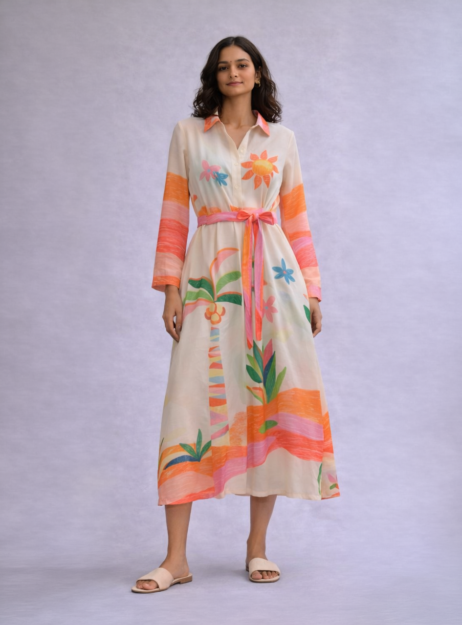 BH41 Women’s Printed Midi Dress – Floral Abstract Summer Shirt Dress (Casual Elegant Wear)