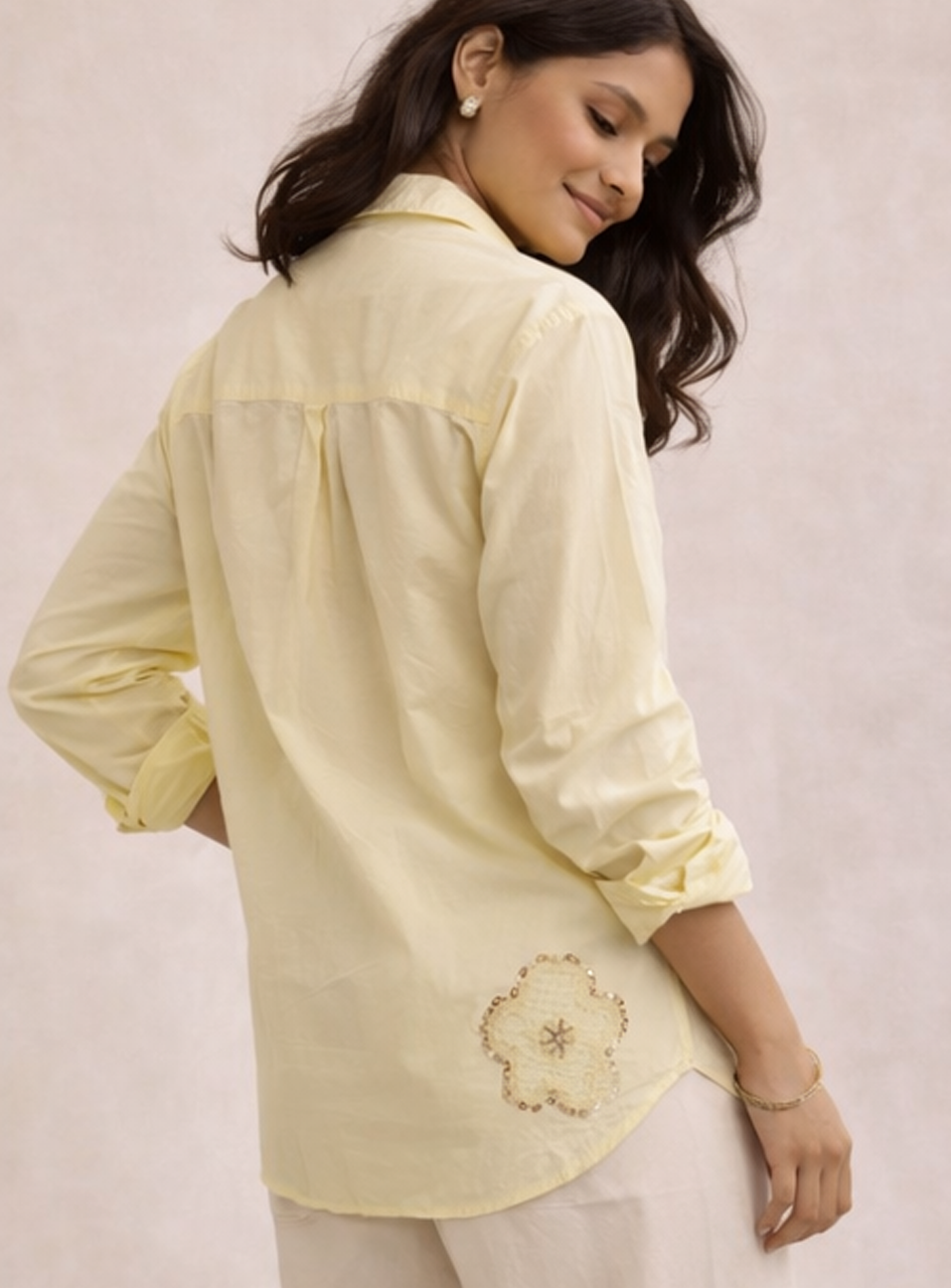 BH06 - Women’s Yellow Embroidered Shirt – Cotton Button-Down Blouse (Casual Chic Summer Top)