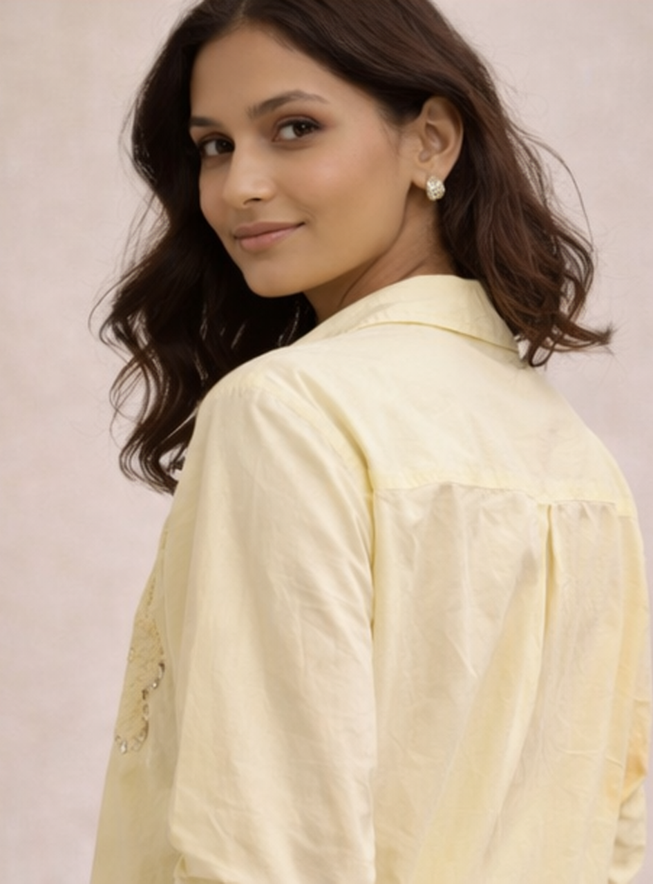 BH06 - Women’s Yellow Embroidered Shirt – Cotton Button-Down Blouse (Casual Chic Summer Top)