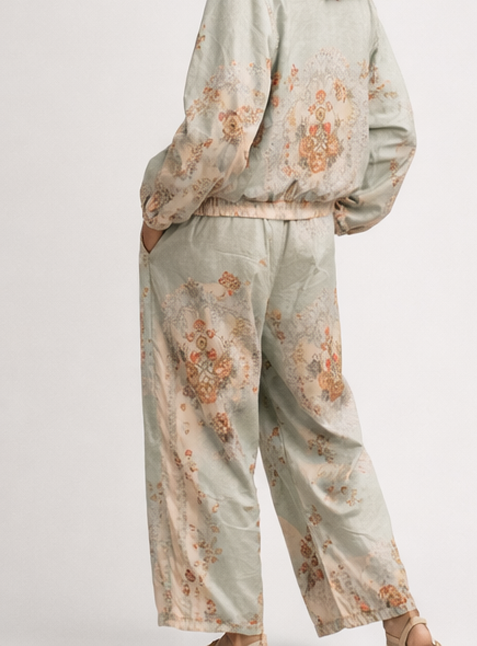 BH07 - Women’s Floral Satin Silk Set – Zip-Up Jacket & Relaxed Pants (Luxury Loungewear Set)