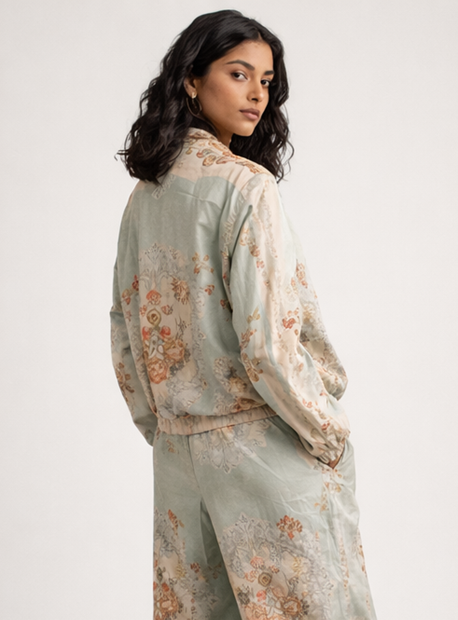 BH07 - Women’s Floral Satin Silk Set – Zip-Up Jacket & Relaxed Pants (Luxury Loungewear Set)