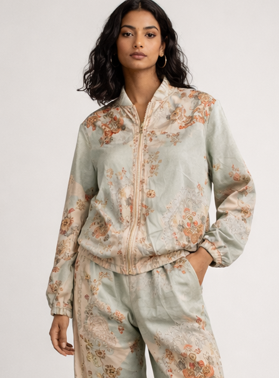 BH07 - Women’s Floral Satin Silk Set – Zip-Up Jacket & Relaxed Pants (Luxury Loungewear Set)