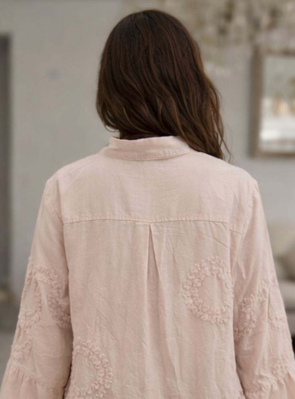 BH08 - Women’s Blush Pink Tiered Midi Dress – Embroidered Cotton Button-Down Dress with Bell Sleeves