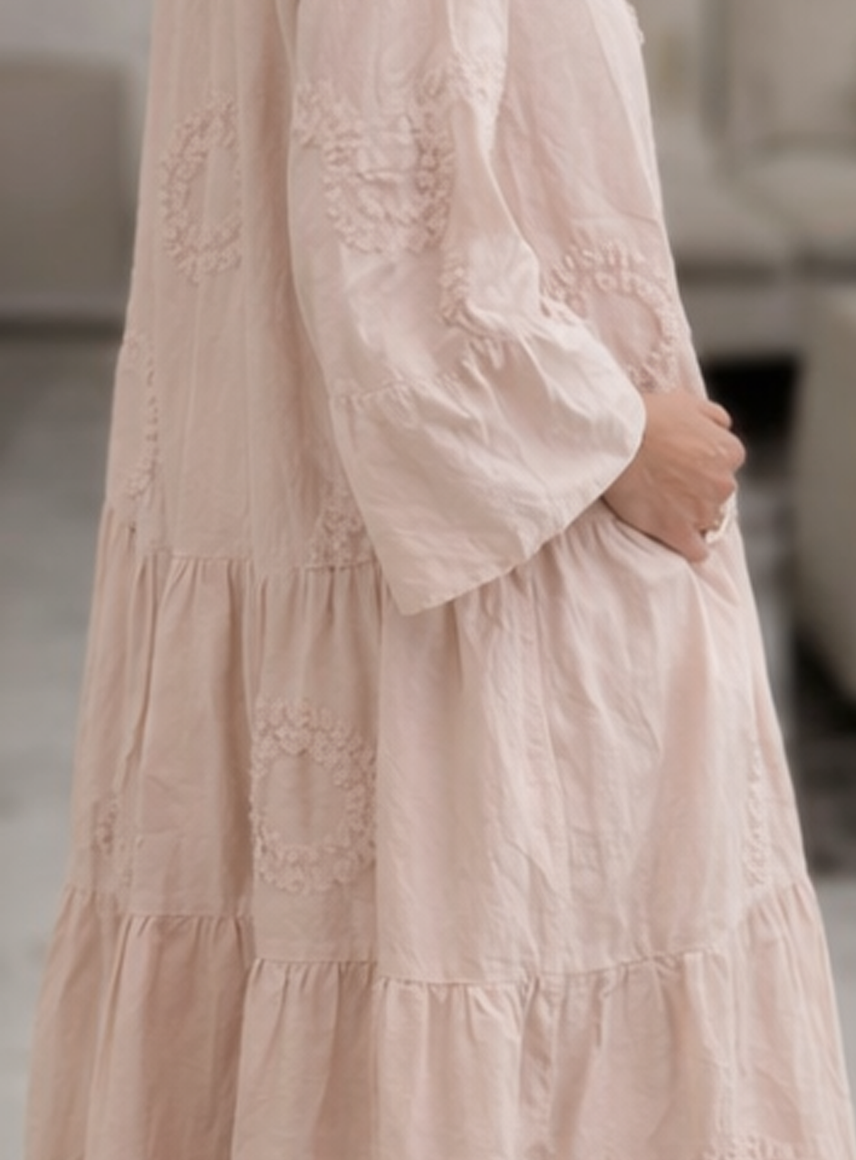 BH08 - Women’s Blush Pink Tiered Midi Dress – Embroidered Cotton Button-Down Dress with Bell Sleeves