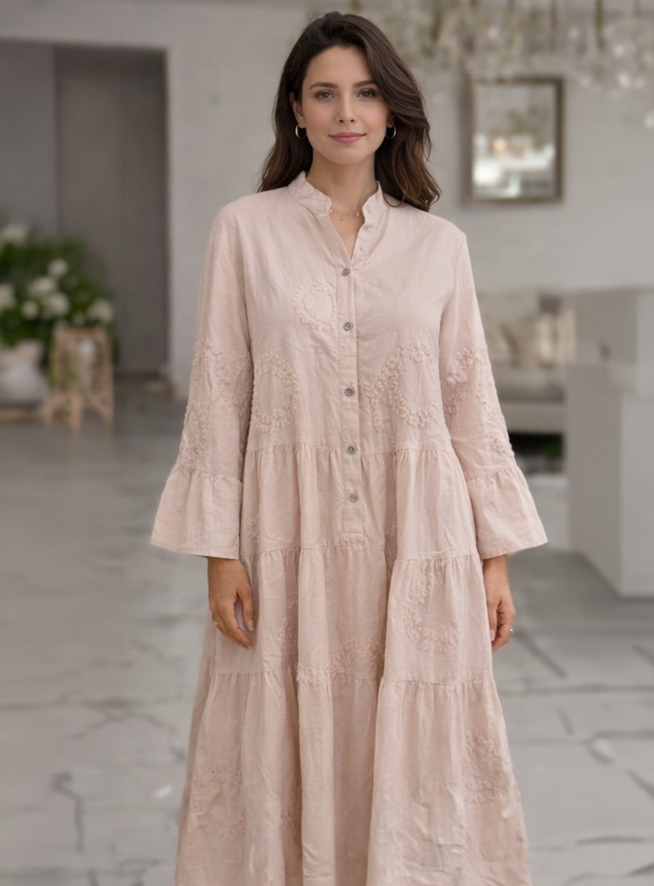 BH08 - Women’s Blush Pink Tiered Midi Dress – Embroidered Cotton Button-Down Dress with Bell Sleeves