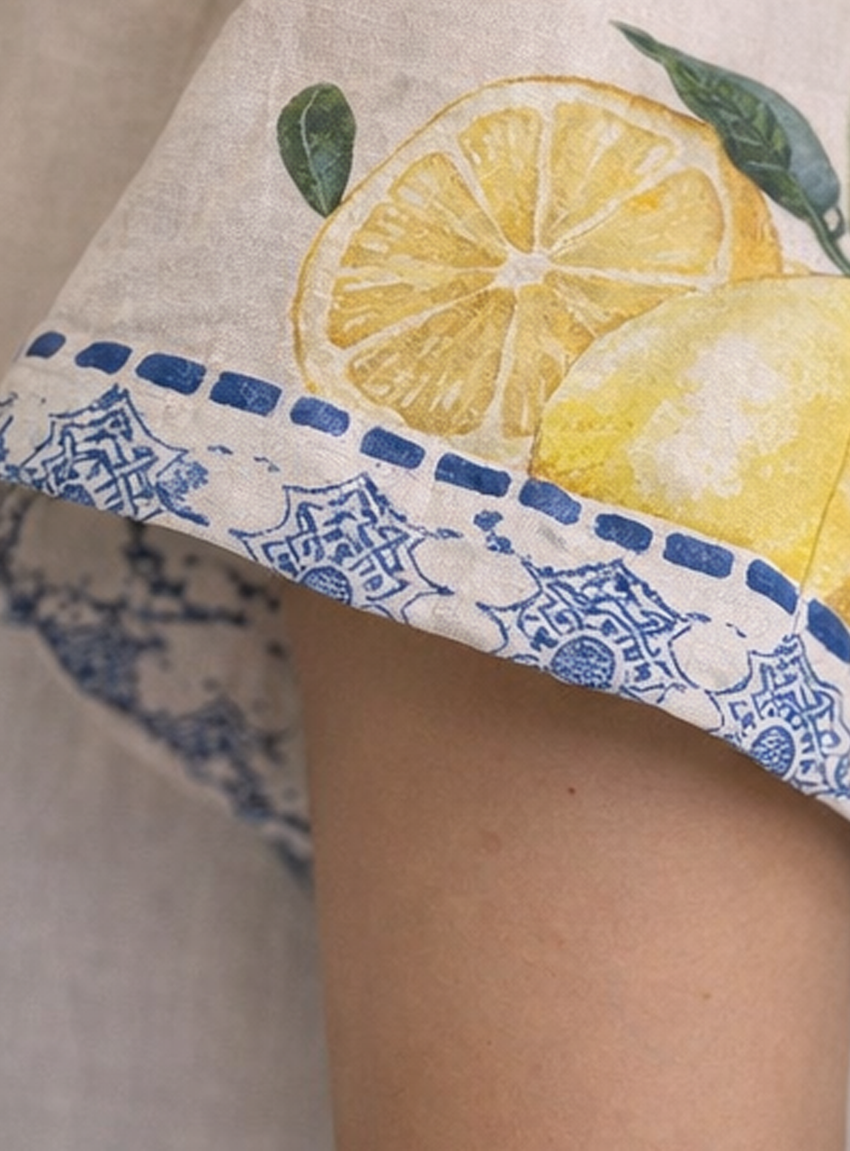 BH10 - Women’s Lemon Print Shirt Dress – Coastal Midi Dress with Short Sleeves (Summer Vacation Style)
