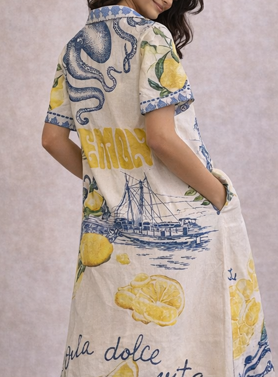 BH10 - Women’s Lemon Print Shirt Dress – Coastal Midi Dress with Short Sleeves (Summer Vacation Style)