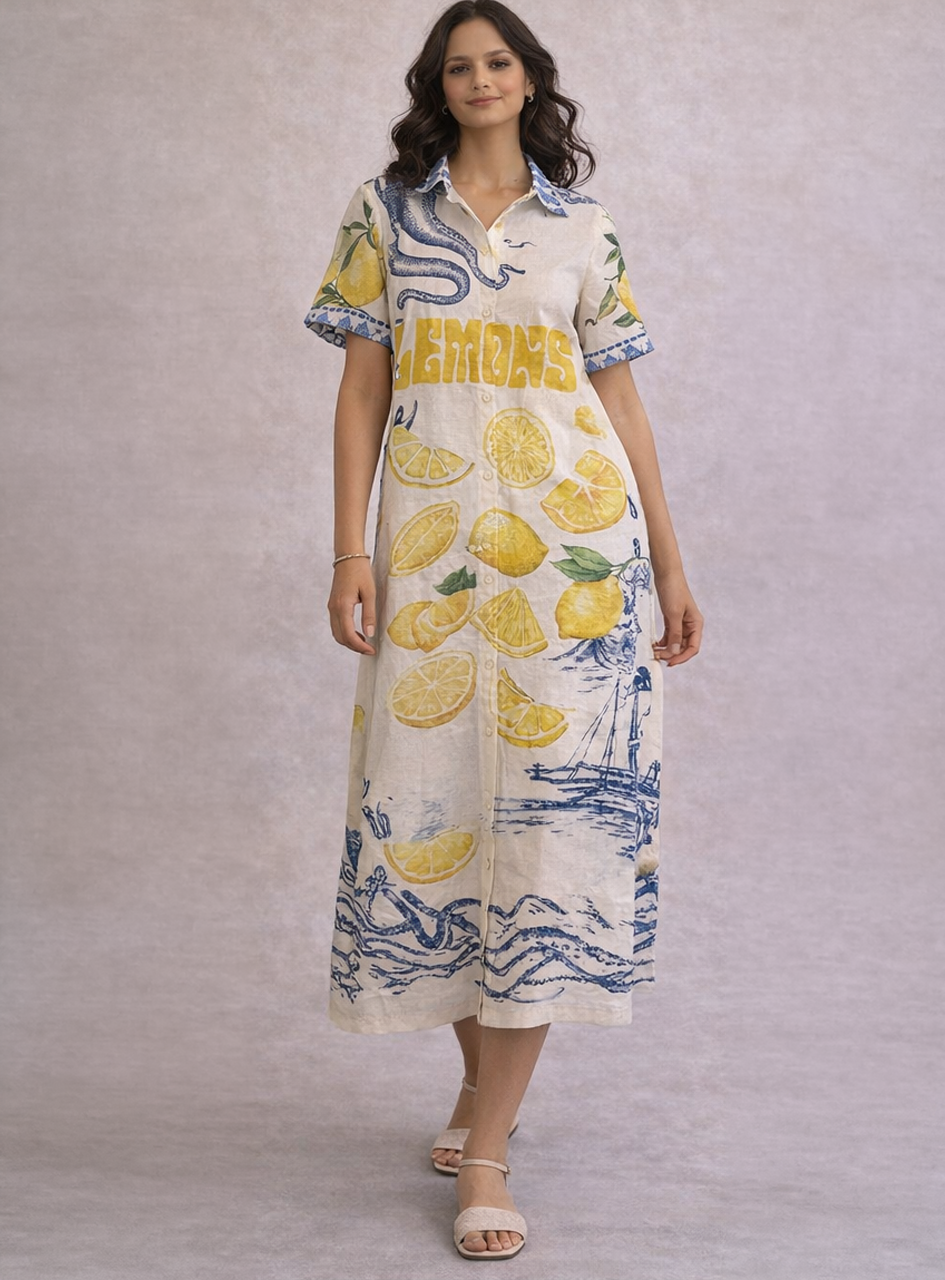 BH10 - Women’s Lemon Print Shirt Dress – Coastal Midi Dress with Short Sleeves (Summer Vacation Style)