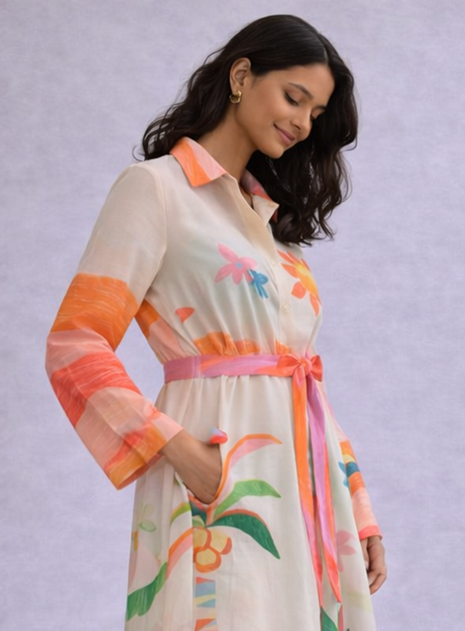 BH41 Women’s Printed Midi Dress – Floral Abstract Summer Shirt Dress (Casual Elegant Wear)