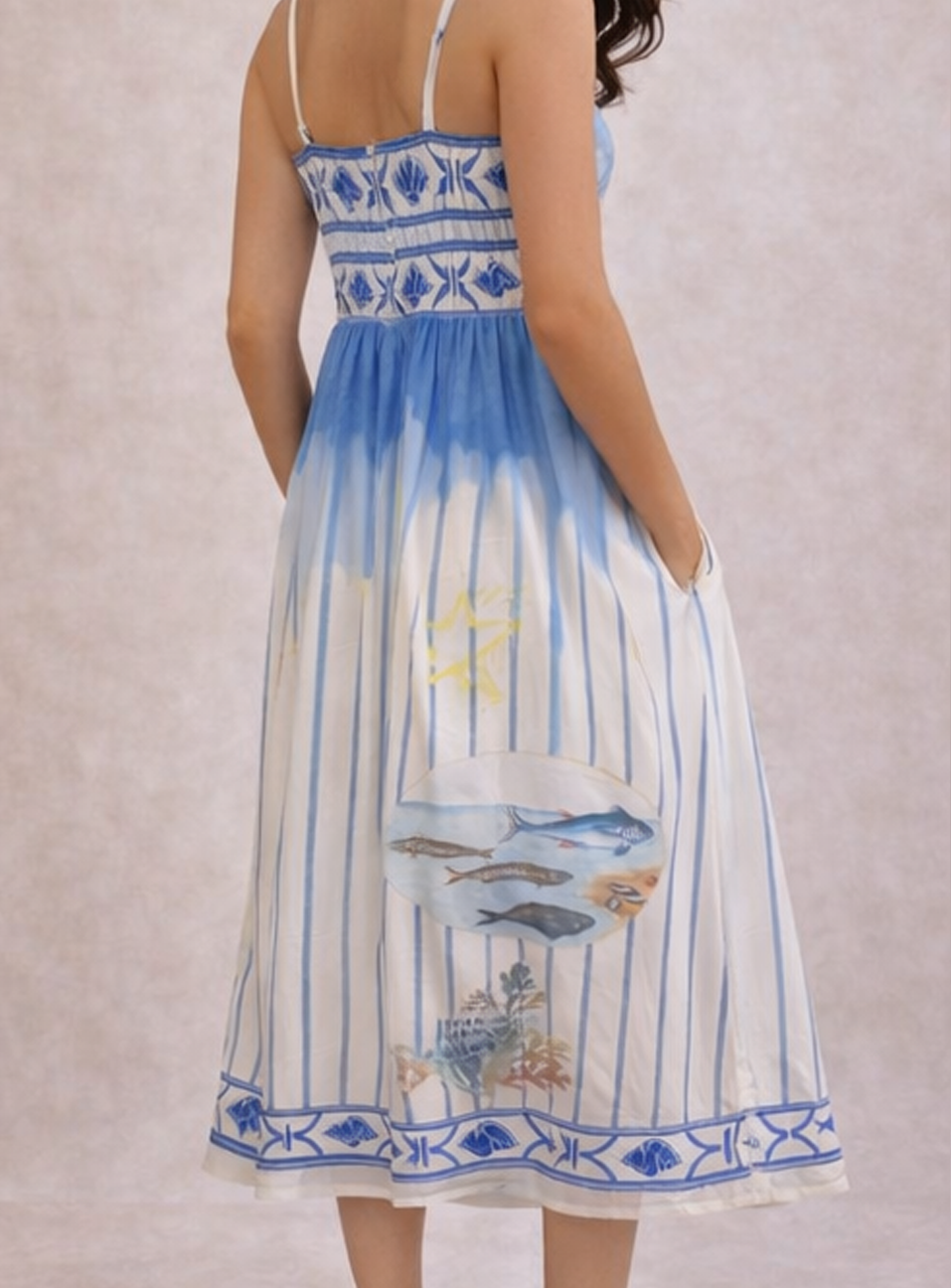 BH11 - Women’s Blue Printed Midi Dress – Beach Scene Cotton Dress with Spaghetti Straps (Summer Vacation Wear)