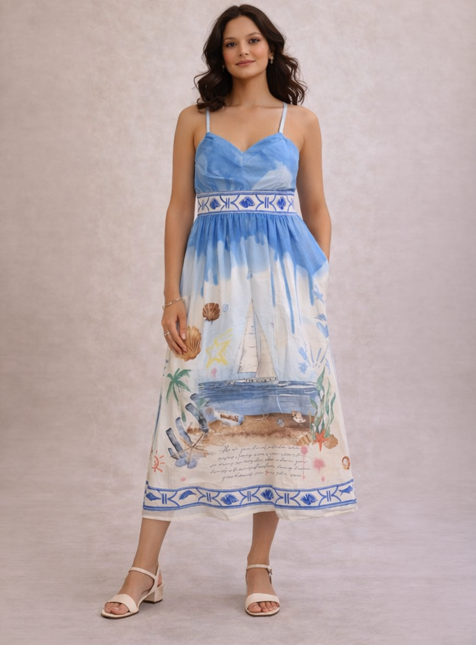 BH11 - Women’s Blue Printed Midi Dress – Beach Scene Cotton Dress with Spaghetti Straps (Summer Vacation Wear)