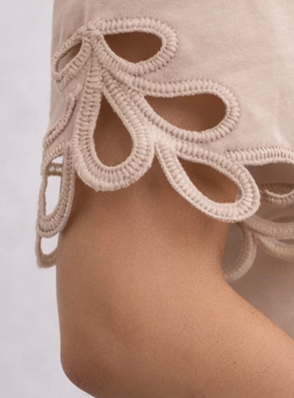 BH13 - Women’s Beige Cotton Top – Casual T-Shirt with Cutwork Lace Sleeves (Everyday Chic Wear)