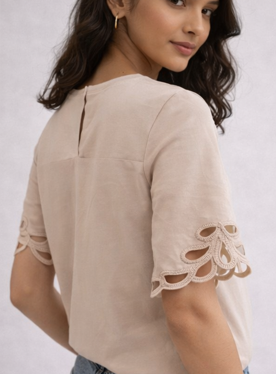 BH13 - Women’s Beige Cotton Top – Casual T-Shirt with Cutwork Lace Sleeves (Everyday Chic Wear)