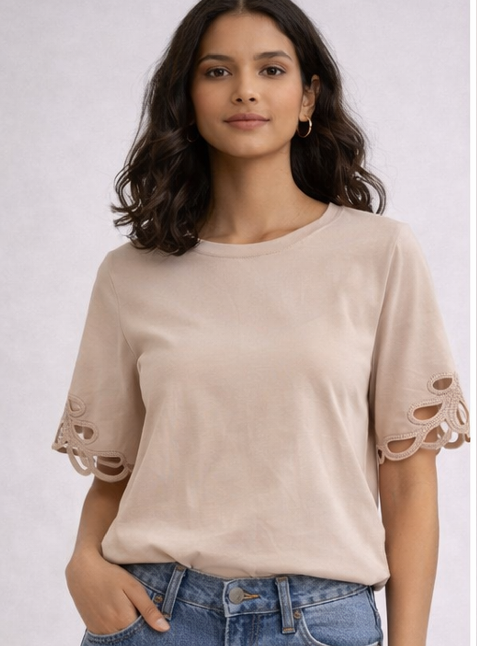 BH13 - Women’s Beige Cotton Top – Casual T-Shirt with Cutwork Lace Sleeves (Everyday Chic Wear)
